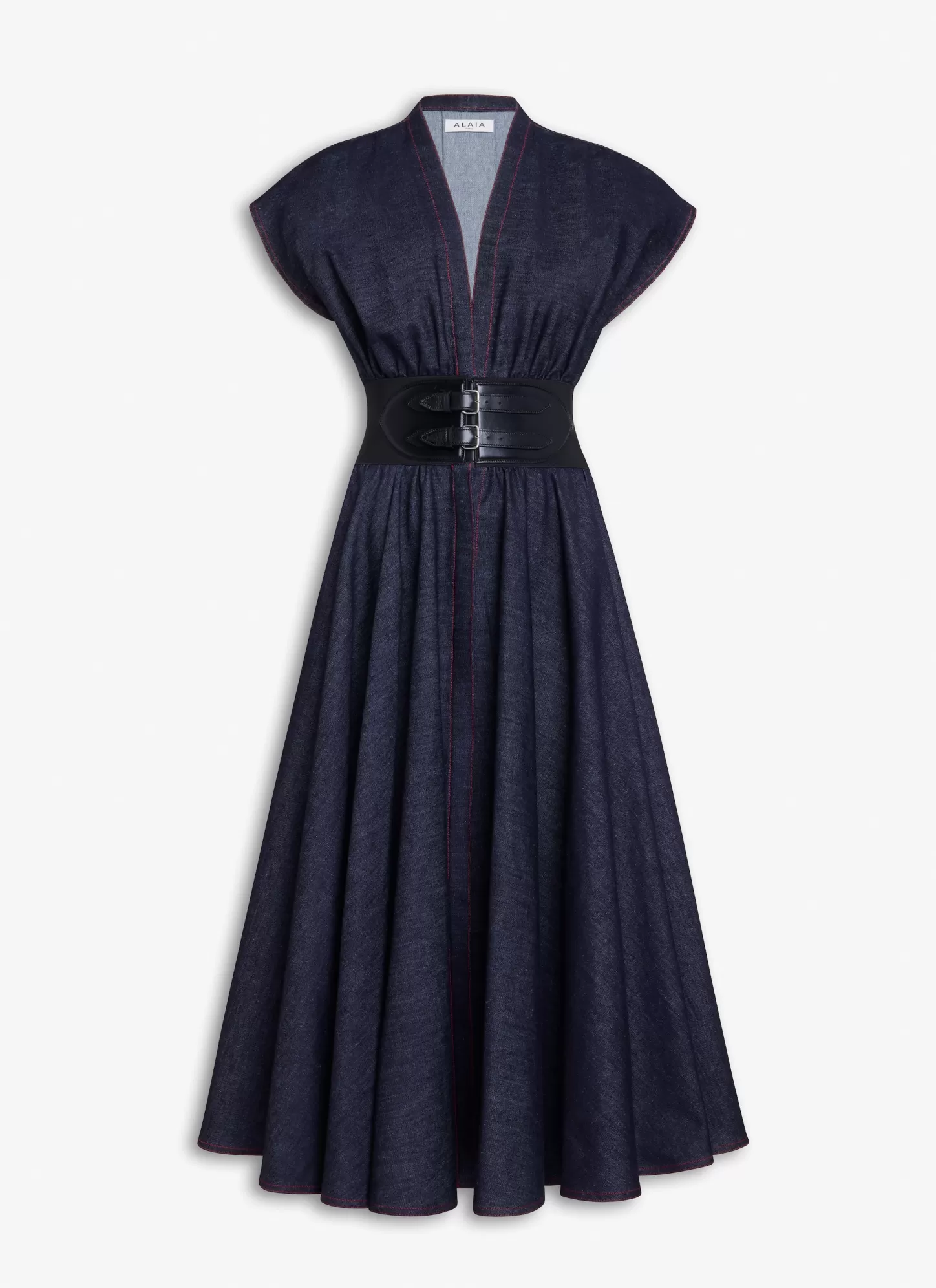 Alaïa BELTED DRESS IN STRETCH RAW DENIM Dark Blue Discount