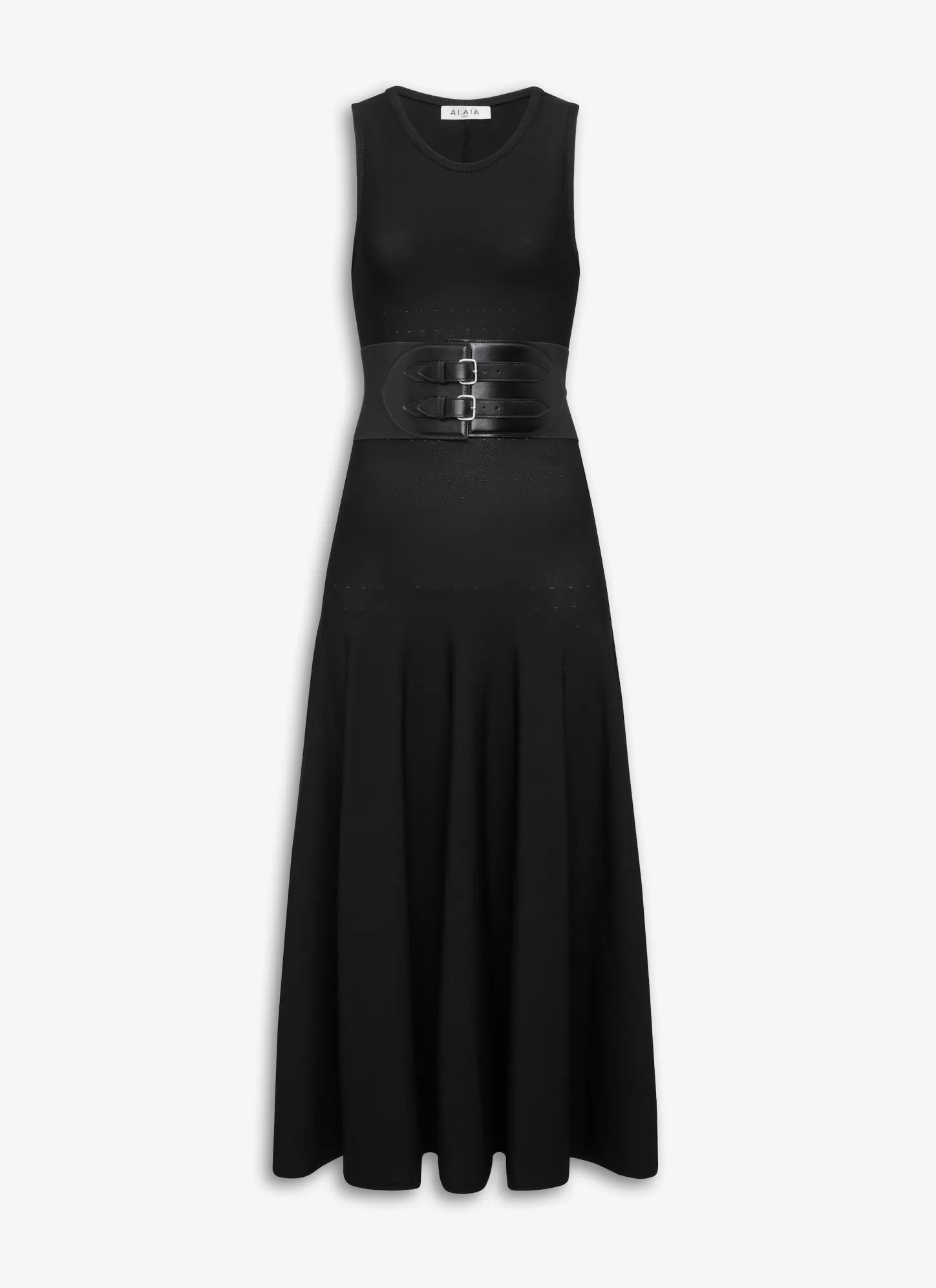 Alaïa BELTED MIDI DRESS IN MAT VISCOSE KNIT Black Online