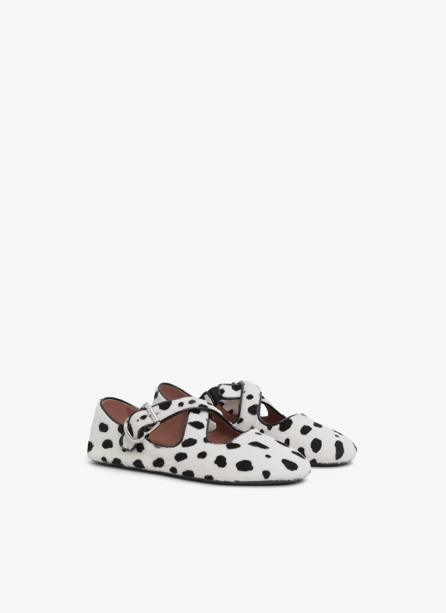 Alaïa CRISS CROSS BALLET FLATS IN DOTS HAIRCALF White/Black New