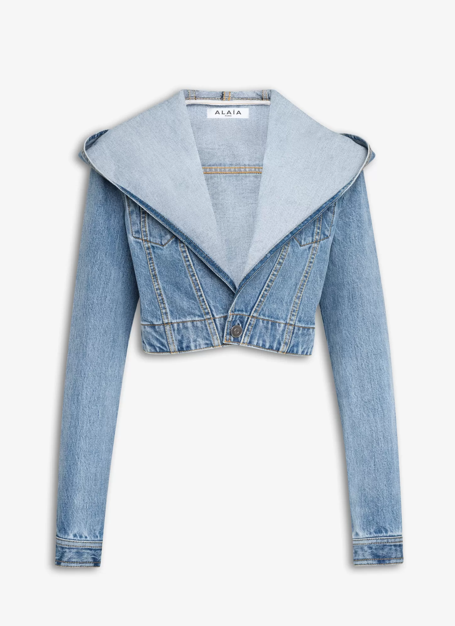 Alaïa HOODED CROPPED JACKET IN SKY DENIM Light Blue Store