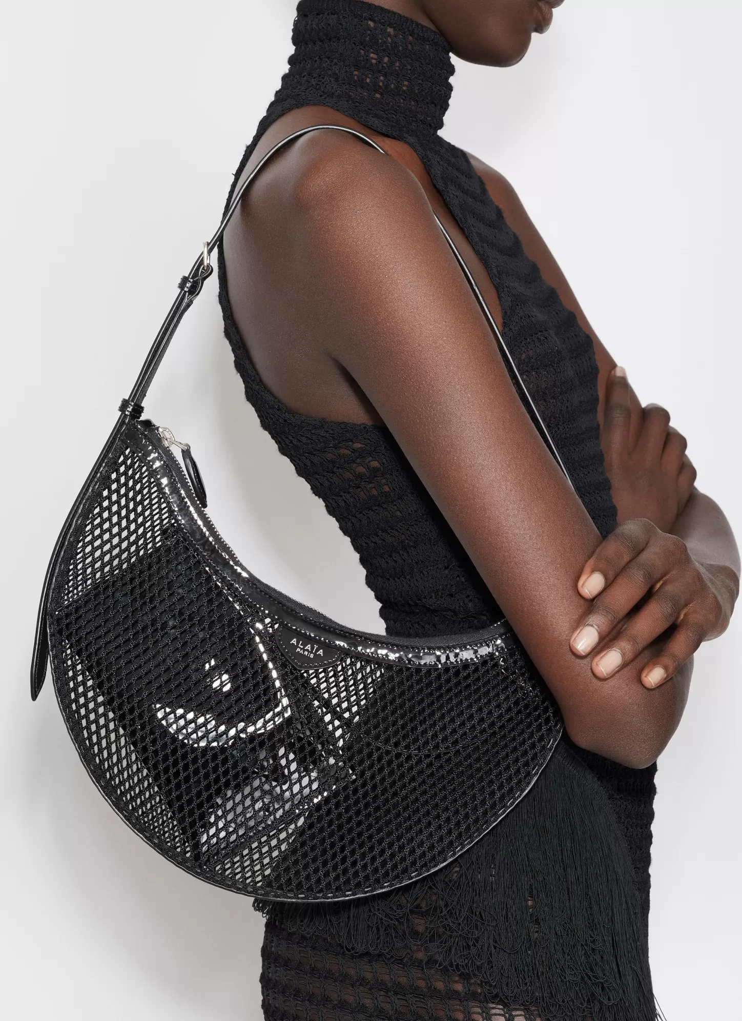 Alaïa ONE PIECE DEMI LUNE BAG IN FISHNET Black Cheap