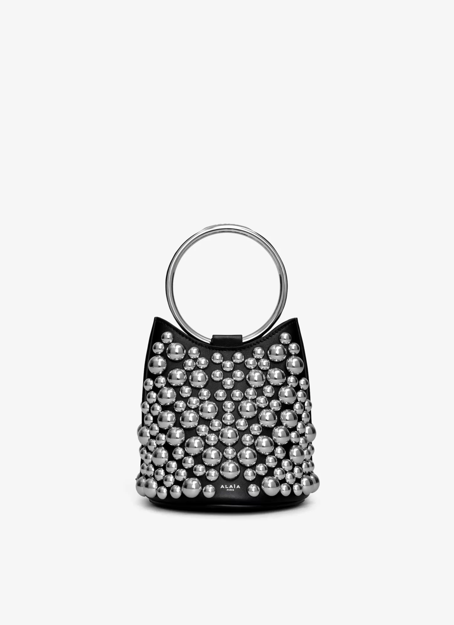 Alaïa RING MINI BUCKET BAG WITH SPHERES ON CALFSKIN Black Shop